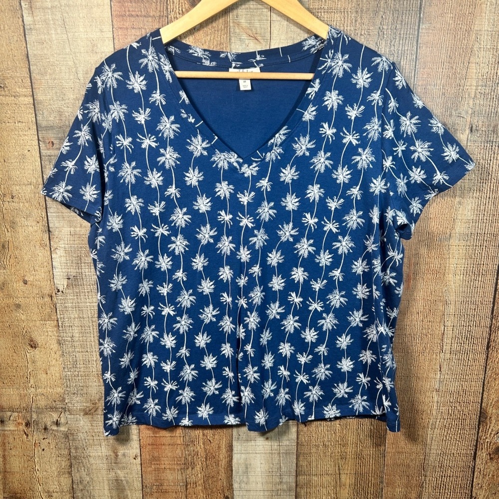 Style & Co Blue Tropical Palm Tree Print V-Neck T-Shirt Top Plus Size 2X Cotton